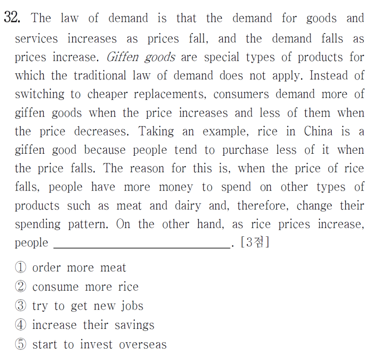  [빈칸 추론] 2022년 6월 고1 모의고사 영어 32번 해설 The law of demand is that the demand for goods and (직독직해)