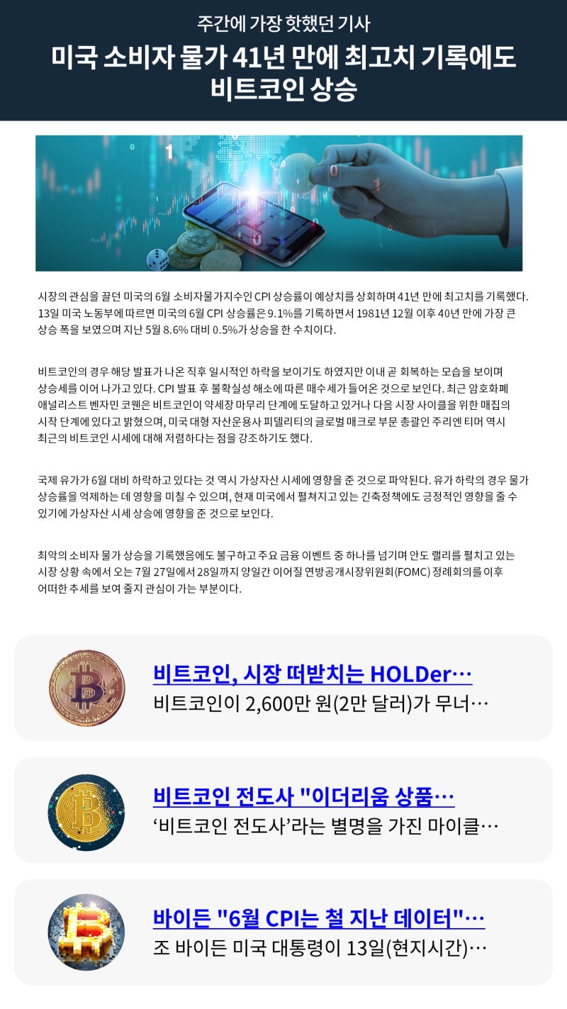 빗썸 위클리리포트] 미국 소비자 물가 41년 만에 최고치 기록에도 비트코인 상승 : 네이버 블로그
