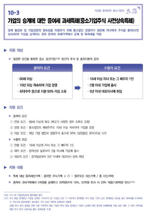 가업의 승계에 대한 증여세 과세특례(중소기업주식 사전상속특례)(2022년 중소기업 조세지원 안내) 가업의 승계에 대한 증여세 과세특례(중소기업주식 사전상속특례)(2022년 중소기업 조세지원 안내)