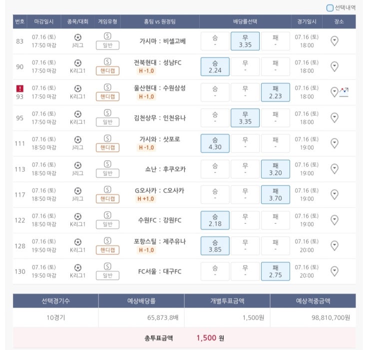  7월16일 J리그 K리그1 축구 스포츠 토토 프로토 승부식 57회차 베팅 기록용