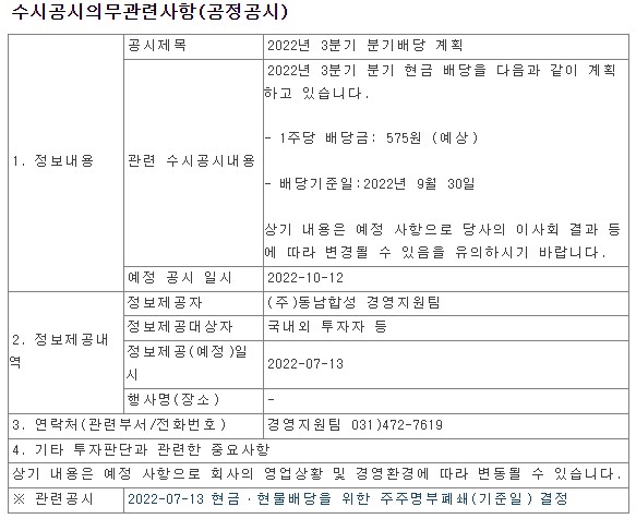  동남합성분기배당계획공시