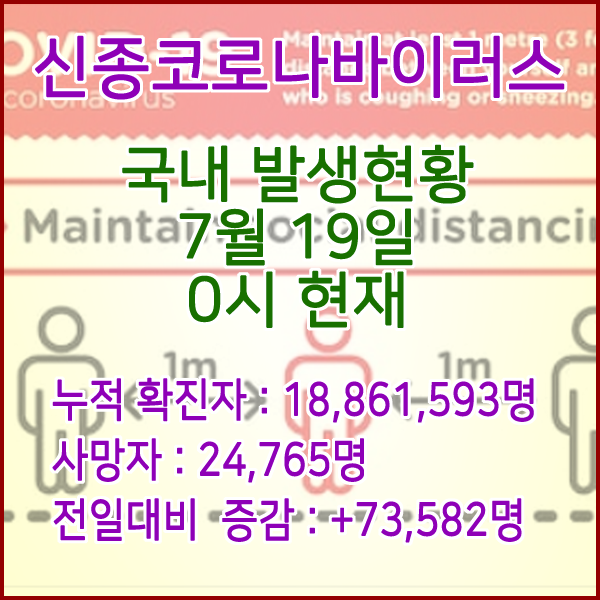  코로나19(코로나바이러스) 7월 19일 0시 신규확진자 73,582명 / 사망자 24,765명