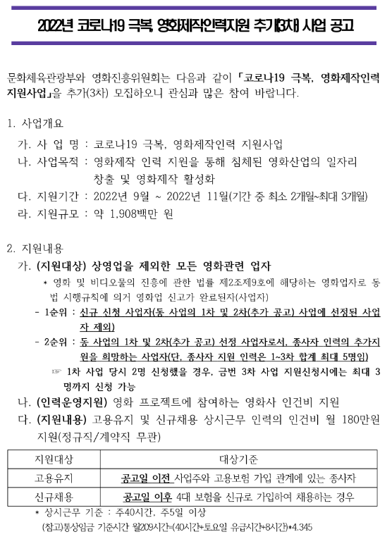 2022년 3차 영화제작인력 지원사업 모집 공고(코로나19 극복) 2022년 3차 영화제작인력 지원사업 모집 공고(코로나19 극복)