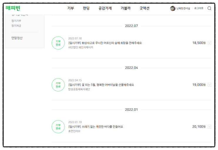 2022년 3번째 해피빈 보유콩 더블 기부 모금 사용