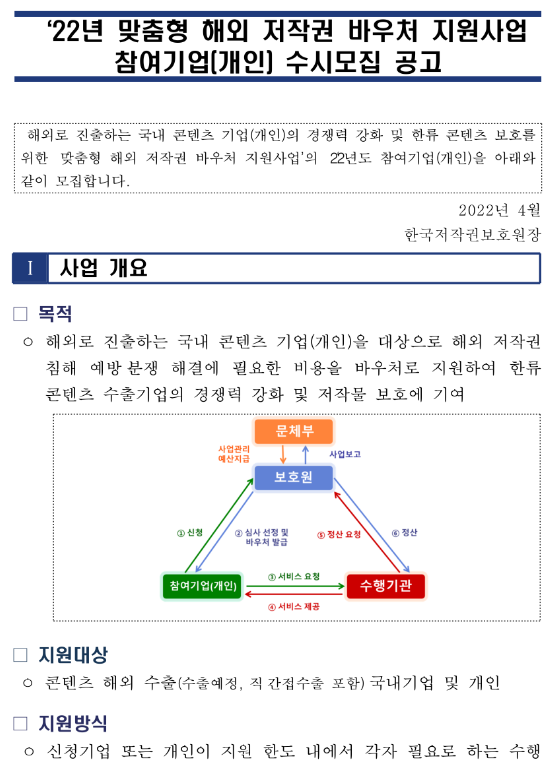 2022년 맞춤형 해외 저작권 바우처 지원사업 참여기업(개인) 수시모집 공고_문화체육관광부 2022년 맞춤형 해외 저작권 바우처 지원사업 참여기업(개인) 수시모집 공고_문화체육관광부