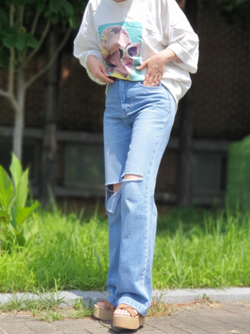 여자찢청 와이드 데님 청바지 더블트윈스 스타일사네