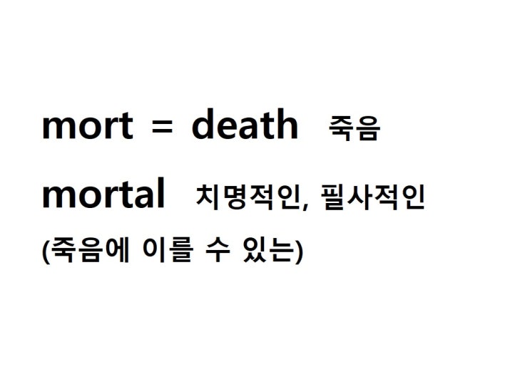  어근 mort = death 죽음 (mortal 죽음에 이를 수 있는 = 치명적인, 필사적인)