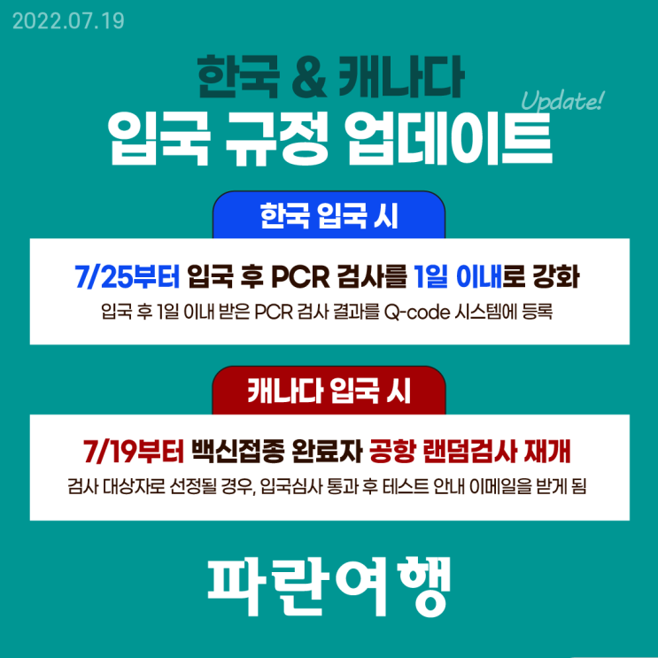  한국 입국후 PCR검사 1일 이내로 강화// 캐나다 입국후 공항 랜덤검사 재개!