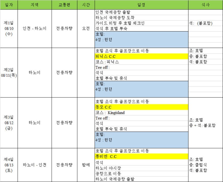 2022년 8월 10일 베트남 하노이 골프투어 4명 3박 4일 일정 견적 [미래트래블]