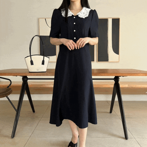  (당일배송/SALE)레이스 카라 원피스ㅣ소매 핀턱 A라인ㅣ여름 결혼식 하객원피스ㅣ블랙원피스