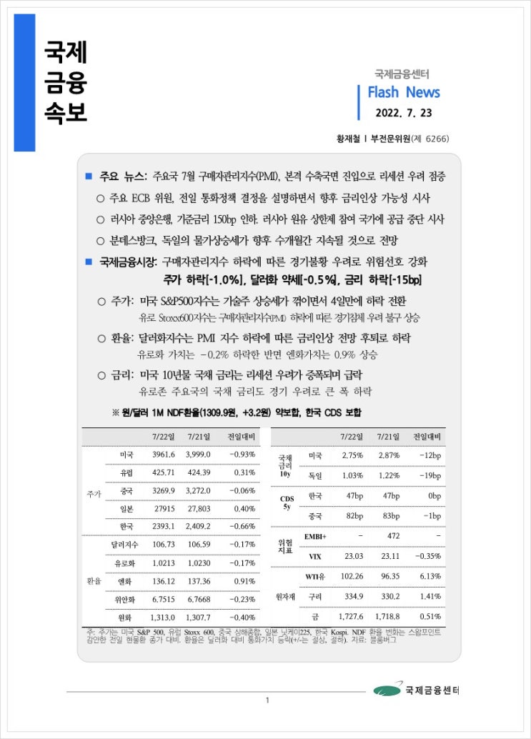  [7.23] 주요국 7월 구매자관리지수(PMI), 본격 수축국면 진입으로 리세션 우려 점증, 국제금융속보