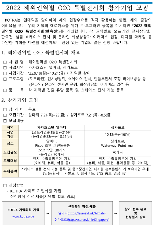 2022년 O2O 해외권역별(카자흐스탄 알마티ㆍ싱가포르) 특별전시회 참가기업 모집 공고 2022년 O2O 해외권역별(카자흐스탄 알마티ㆍ싱가포르) 특별전시회 참가기업 모집 공고