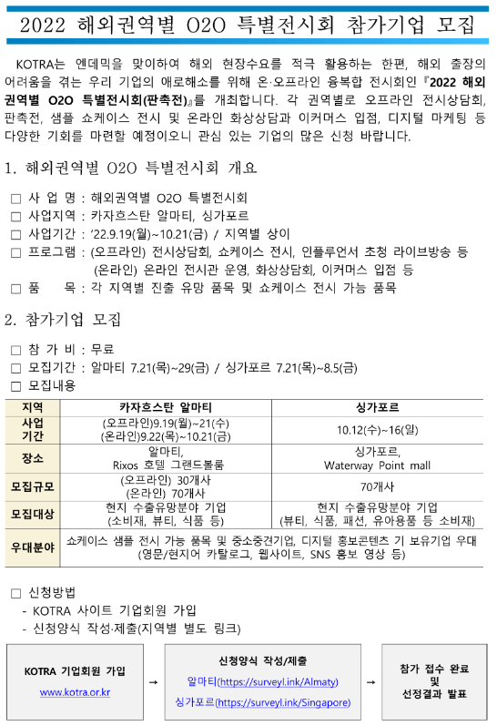 2022년 O2O 해외권역별(카자흐스탄 알마티ㆍ싱가포르) 특별전시회 참가기업 모집 공고