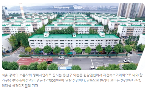 용산 한강맨션, 1인당 7.7억 재초환 용산 한강맨션, 1인당 7.7억 재초환