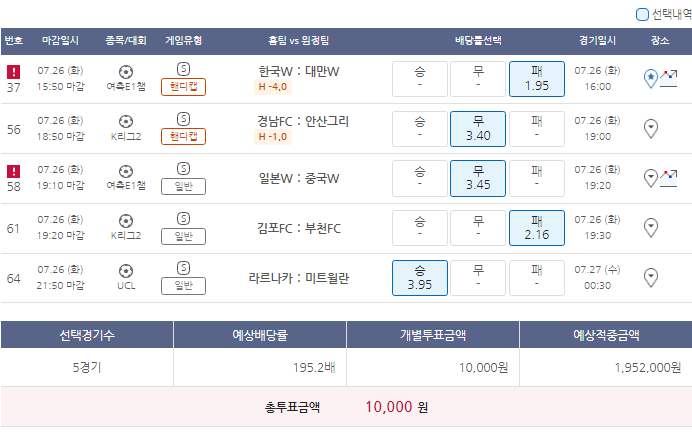  7월26일 여축E1챔 K리그2 축구 스포츠 토토 프로토 승부식 60회차 분석 기록용