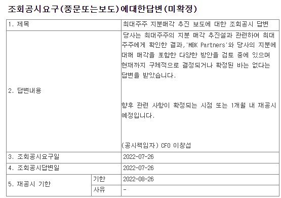 메가스터디교육 지분매각 조회공시