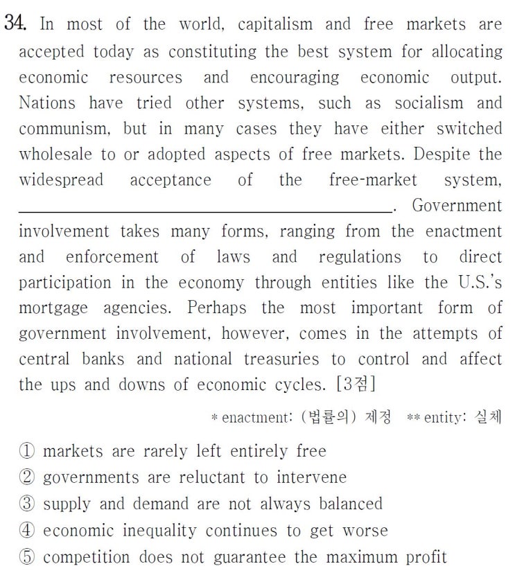  [빈칸 추론] 2022년 6월 고2 모의고사 영어 34번 해설 (오답률 1위) In most of the world, capitalism and free markets are