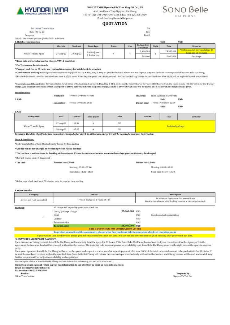 2022년 8월 27일 베트남 하이퐁 송지아 골프(Song Gia Gofl Resort) 부킹 완료