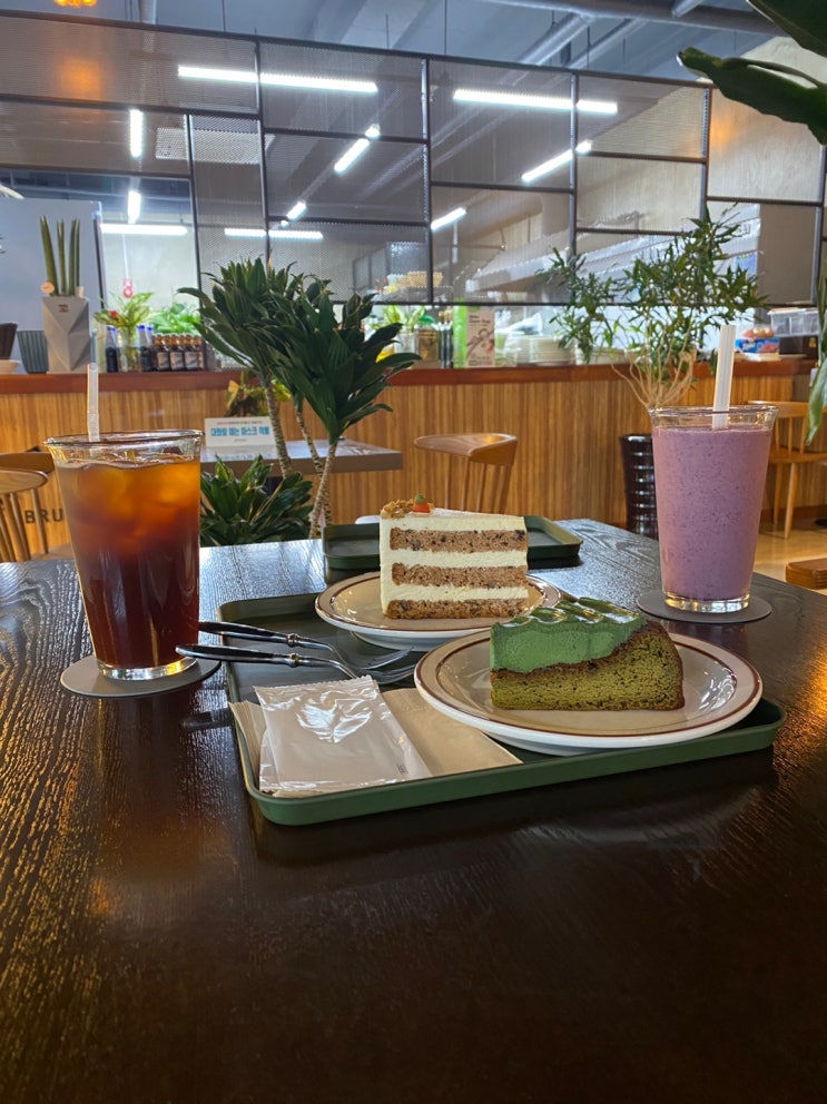  7/31 (3) 산책(서천군 장항읍 장항송림산림욕장) / 블루베리 스무디, 아이스 아메리카노, 말차 가또 쇼콜라, 당근 케익(군산시 미룡동 멜로우 브런치 카페 Mellow)