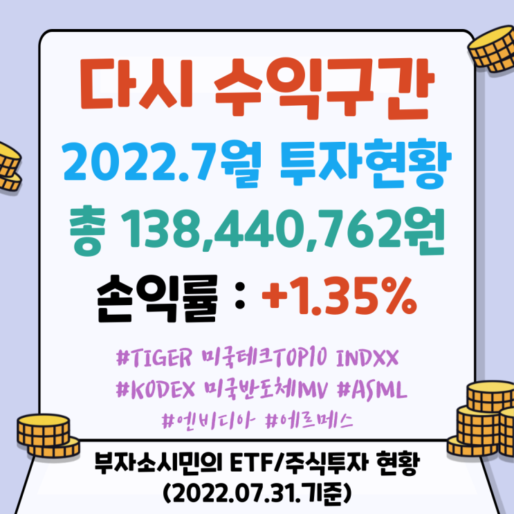  다시 수익구간! 7월 ETF/주식 실전투자 현황(총138,440,762원)[미국테크TOP10/미국반도체MV/에르메스/ASML/엔비디아]