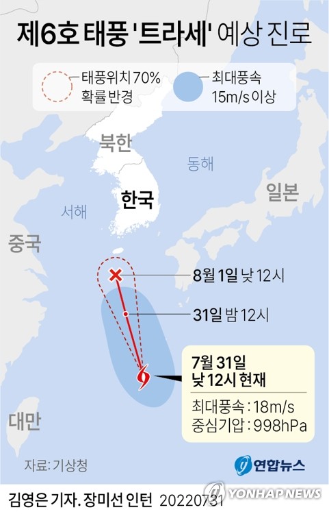 '송다' 영향 가시기 전 6호 태풍 '트라세' 발생…제주로 직진