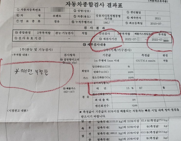  자동차 검사 부적합/매연 부적합 판정/정기검사 불합격/매연 불합격 판정 - 쏘렌토 차량 검사 87%~8% 합격