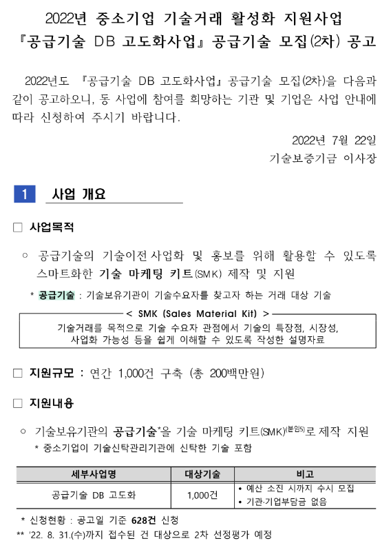 2022년 2차 공급기술 DB 고도화사업 공급기술 모집 공고(중소기업 기술거래 활성화 지원사업) 2022년 2차 공급기술 DB 고도화사업 공급기술 모집 공고(중소기업 기술거래 활성화 지원사업)