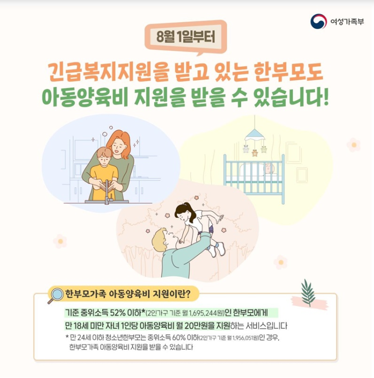 긴급복지지원을 받고 있는 한부모도 아동양육비 지원을 받을 수 있습니다! 여성가족부 긴급복지지원을 받고 있는 한부모도 아동양육비 지원을 받을 수 있습니다! 여성가족부
