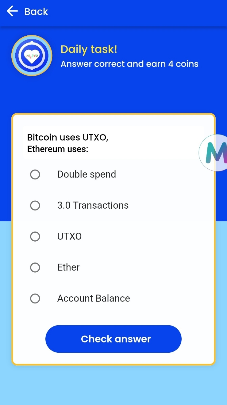 Remint daily tasks(레민트 일일퀴즈) - Bitcoin uses UTXO, Ethereum uses:  비트코인은 UTXO를 사용하고 이더리움은
