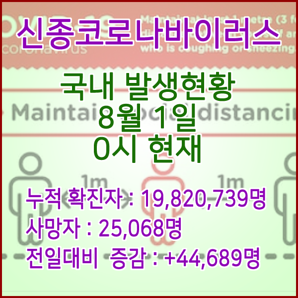  코로나19(코로나바이러스) 8월 1일 0시 신규확진자 44,689명 / 사망자 25,068명