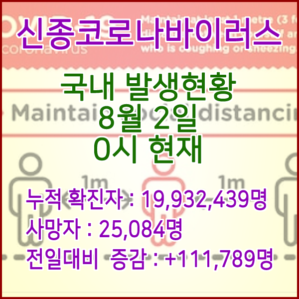  코로나19(코로나바이러스) 8월 2일 0시 신규확진자 111,789명 / 사망자 25,084명