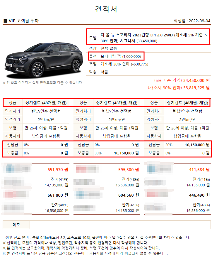 2023 스포티지 2.0 LPG 시그니처 장기렌트 모의견적, 가격표, 즉시출고