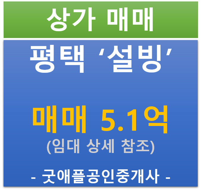 평택 빙수 프랜차이즈 '설빙' , 상가 매매 (매매 : 5.1억 / 현금 5.7%/ 대출 8.6%)