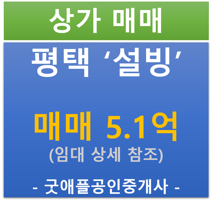 평택 빙수 프랜차이즈 '설빙' , 상가 매매 (매매 : 5.1억 / 현금 5.7%/ 대출 8.6%) 평택 빙수 프랜차이즈 '설빙' , 상가 매매 (매매 : 5.1억 / 현금 5.7%/ 대출 8.6%)