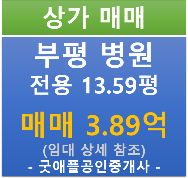 부평 병원, 지웰 메디컬 의원 임대 상가 (매매 : 3.89억/ 현금 : 5.01% / 대출 6.74%)