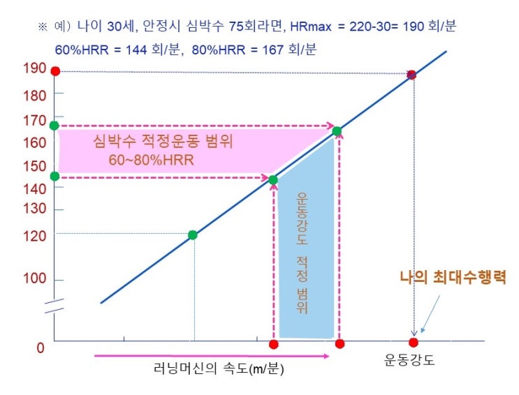  카보넨공식을 이용한 여유심박수(%HRR)와 적정운동범위, 목표심박수, 최대심박수, 안정시심박수