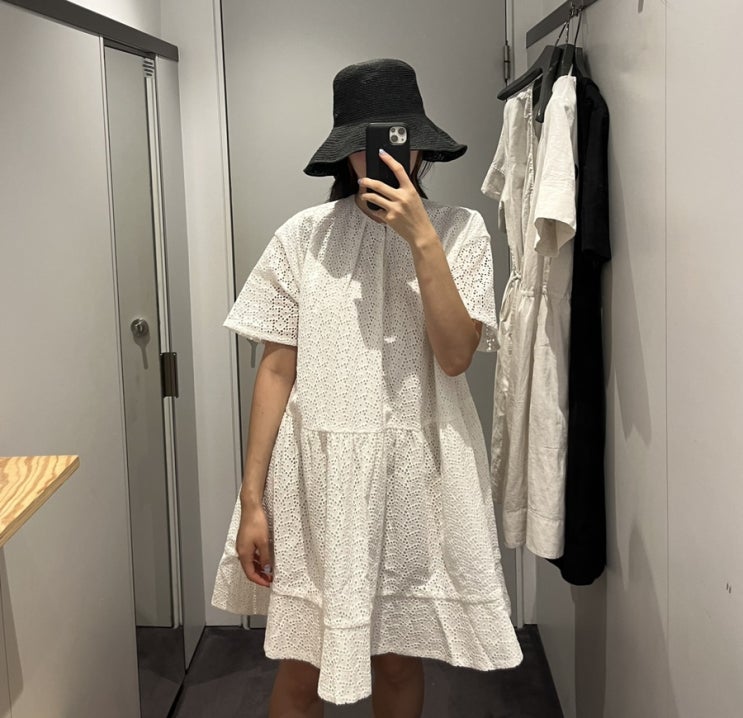  코스 원피스 오버사이즈 브로드리 앙글레즈 드레스, 미니 랩 드레스, 그린 브이넥 시어서커 드레스 