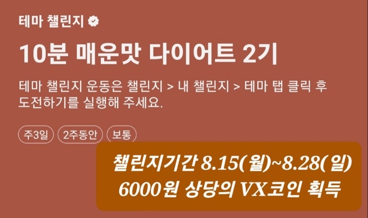 카카오 스마트 홈트 테마 챌린지 "10분 매운맛 다이어트2기"신청 - 완주시 6000원 상당 VX코인 지급 (챌린지 기간 8.15~8.28)