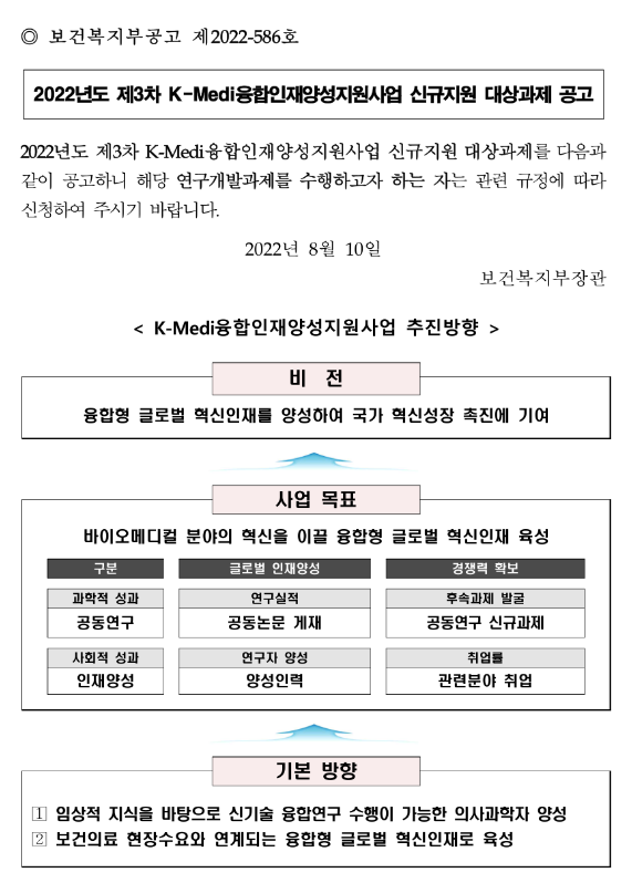2022년 3차 K-Medi융합인재양성지원사업 신규지원 대상과제 재공고 2022년 3차 K-Medi융합인재양성지원사업 신규지원 대상과제 재공고