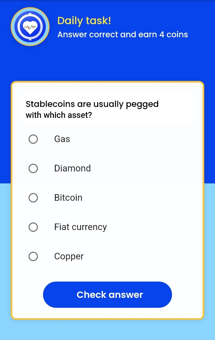  Remint daily tasks(레민트 일일퀴즈)  - Stablecoins are usually pegged with which asset? 스테이블코인은 일반적으로 어떤 자산