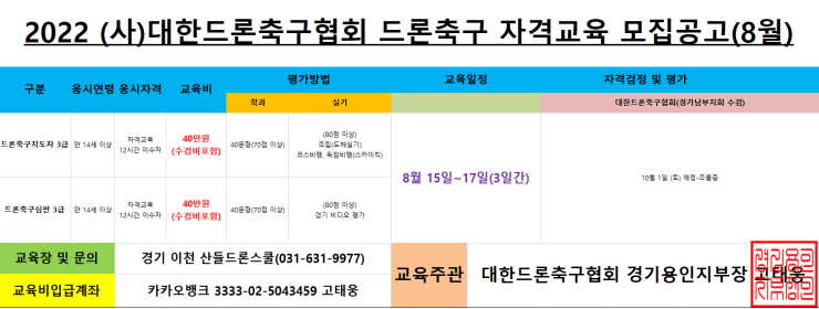  경기용인지부 드론축구자격교육모집공고 