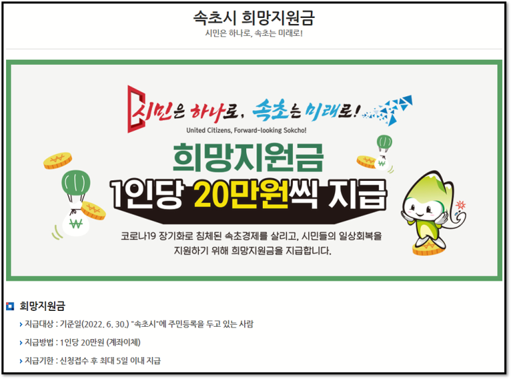 속초시 희망지원금 20만원 현금 계좌이체 지급 신청 접수 홈페이지 지원대상 속초시 희망지원금 20만원 현금 계좌이체 지급 신청 접수 홈페이지 지원대상