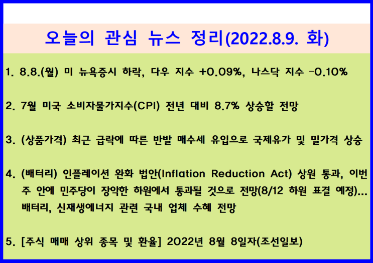 8.8.(월) 미 CPI 발표를 앞두고(8/10) 엔비디아 실적 둔화, 미 상원 인플레감축법안 통과 ↦ 미 뉴욕 혼조(다우 +0.09%, 나스닥 –0.10%)