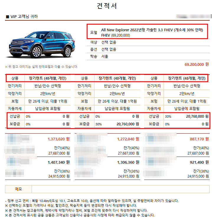  2022 포드 익스플로러 하이브리드 3.3 HEV A/T 장기렌트 모의견적, 가격표, 이용 꿀팁