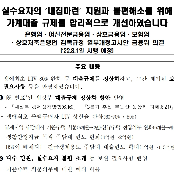  생애최초 LTV(주택담보대출비율) 80% 완화 등 가계대출 규제 개선