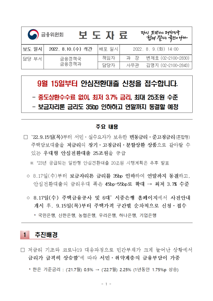 9월 15일부터 안심전환대출 신청 접수