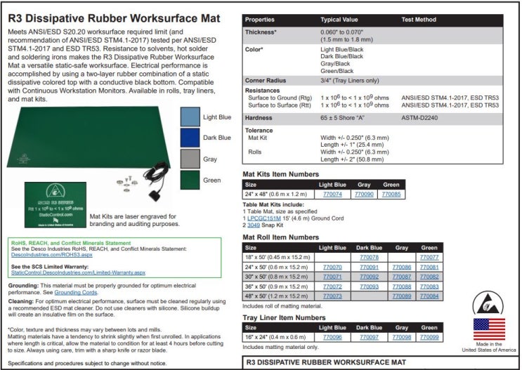  SCS Dissipative Rubber Worksurface Mat (방산성 고무 작업 표면 매트)