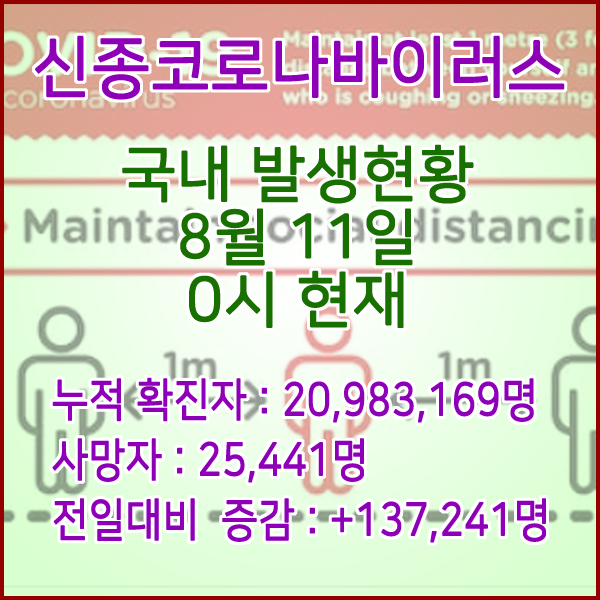  코로나19(코로나바이러스) 8월 11일 0시 신규확진자 137,241명 / 사망자 25,441명