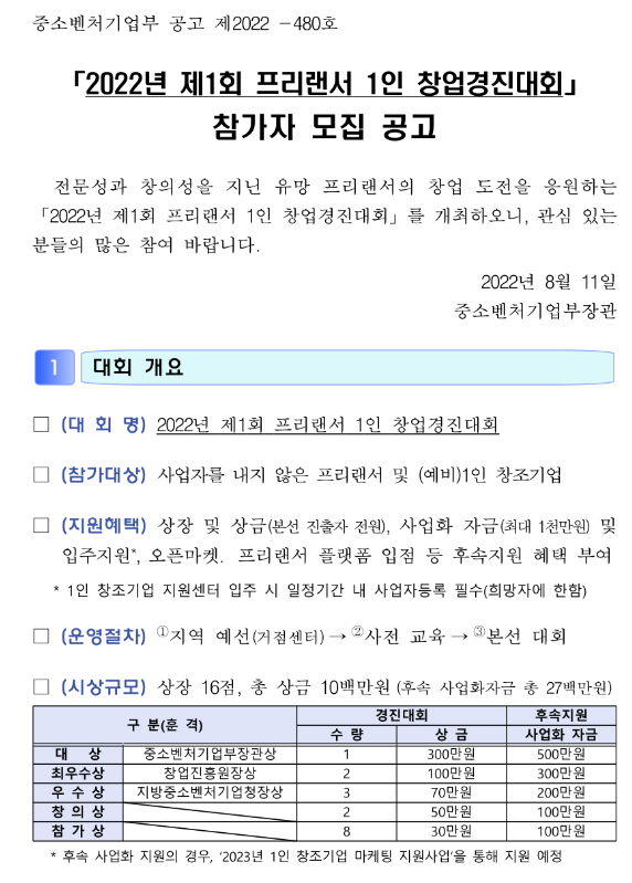 2022년 제1회 프리랜서 1인 창업경진대회 참가자 모집 공고 2022년 제1회 프리랜서 1인 창업경진대회 참가자 모집 공고