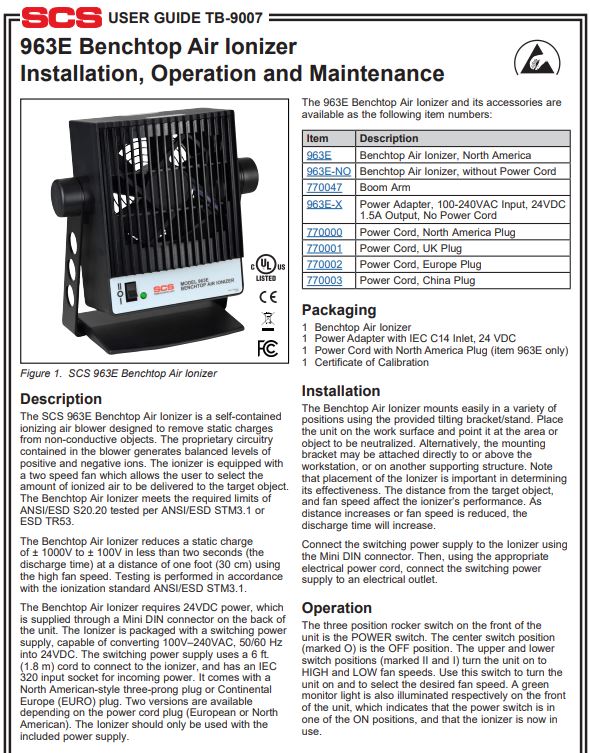  SCS Benchtop Air Ionizer Installation, Operation and Maintenance (벤치탑 에어 아이오나이저)